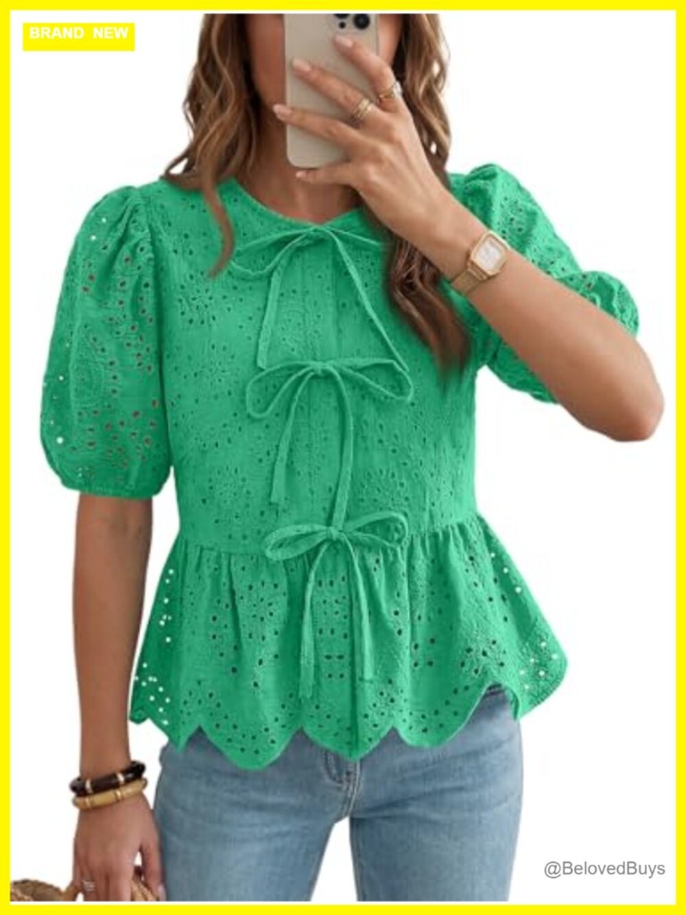 Womens Embroidered Peplum Blouse with Tie Front & Puff Sleeves